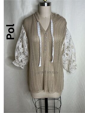 POL Crochet Hoodie Lace Sleeve Top Beige Boho Button Front Size M